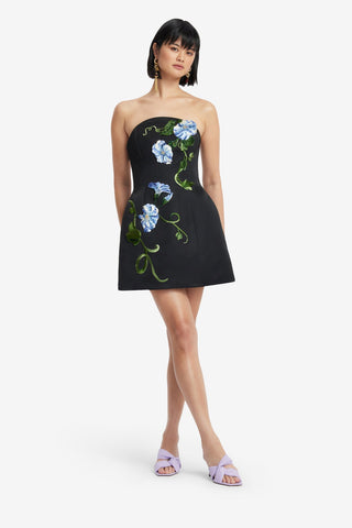 Zaria Appliqué Floral Bustier Mini Dress - Vine Print in Ebony Dress Mini