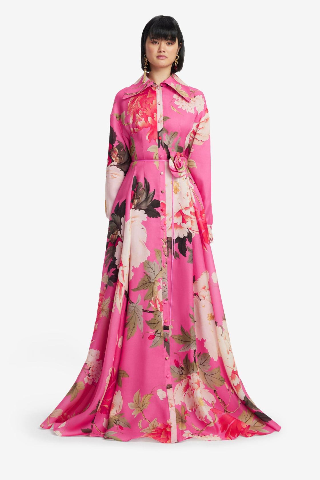Josephine Silk Gown - Peony Print in Fuchsia Dress Maxi