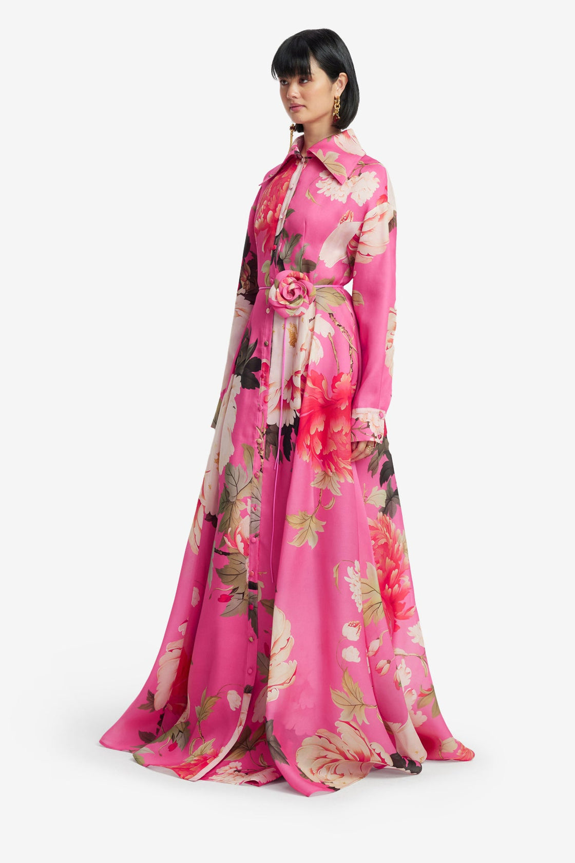 Josephine Silk Gown - Peony Print in Fuchsia Dress Maxi