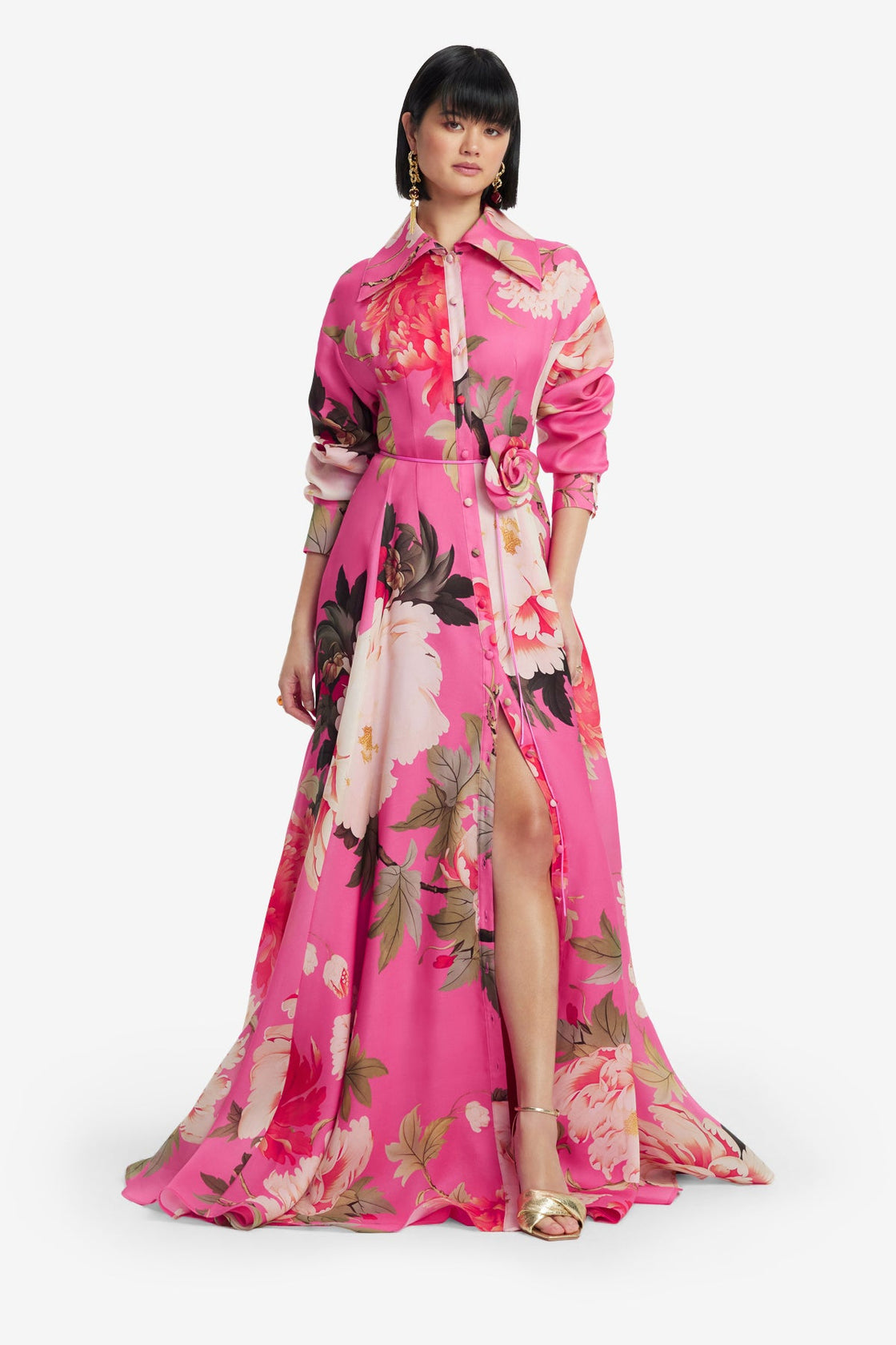 Josephine Silk Gown - Peony Print in Fuchsia Dress Maxi