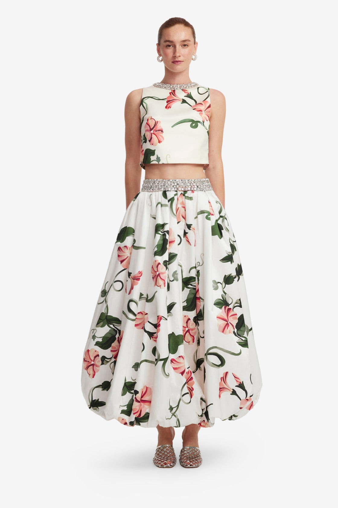 Exclusive LEO LIN Victoria Embellished Puff Maxi Skirt - Vine Print in Snow
