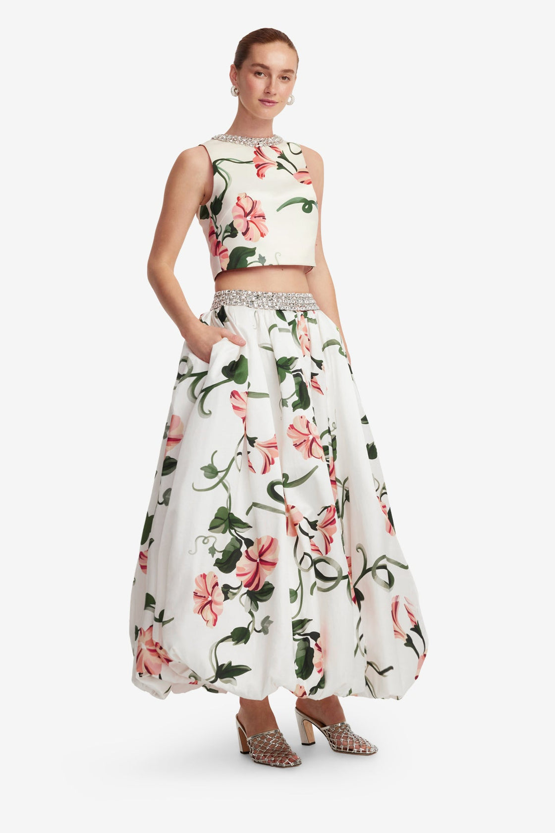 Exclusive LEO LIN Iris Embellished Top - Vine Print in Snow