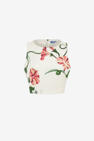 Exclusive LEO LIN Iris Embellished Top - Vine Print in Snow