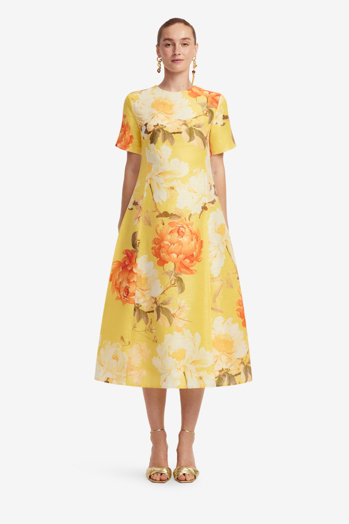 Caroline Short Sleeve Midi Dress  - Peony Print in Yellow Dress Midi