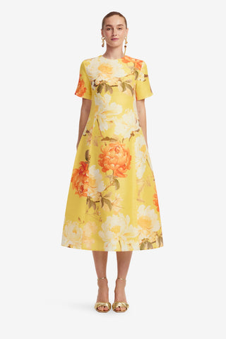 Caroline Short Sleeve Midi Dress  - Peony Print in Yellow Dress Midi