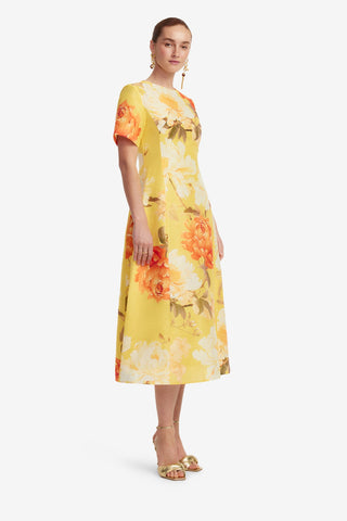 Caroline Short Sleeve Midi Dress  - Peony Print in Yellow Dress Midi