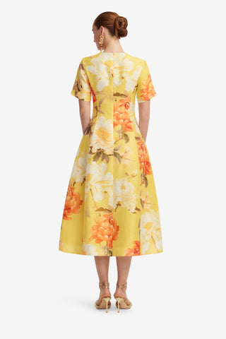 Caroline Short Sleeve Midi Dress  - Peony Print in Yellow Dress Midi