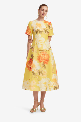 Caroline Short Sleeve Midi Dress  - Peony Print in Yellow Dress Midi