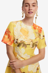 Caroline Short Sleeve Midi Dress  - Peony Print in Yellow Dress Midi