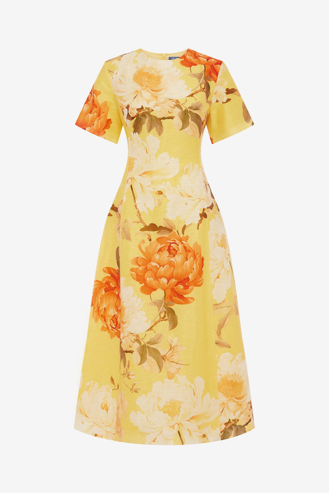Caroline Short Sleeve Midi Dress  - Peony Print in Yellow Dress Midi