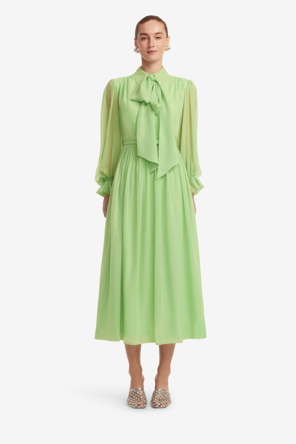 Exclusive LEO LIN Cassie Tie Neck Midi Dress - Juniper Green