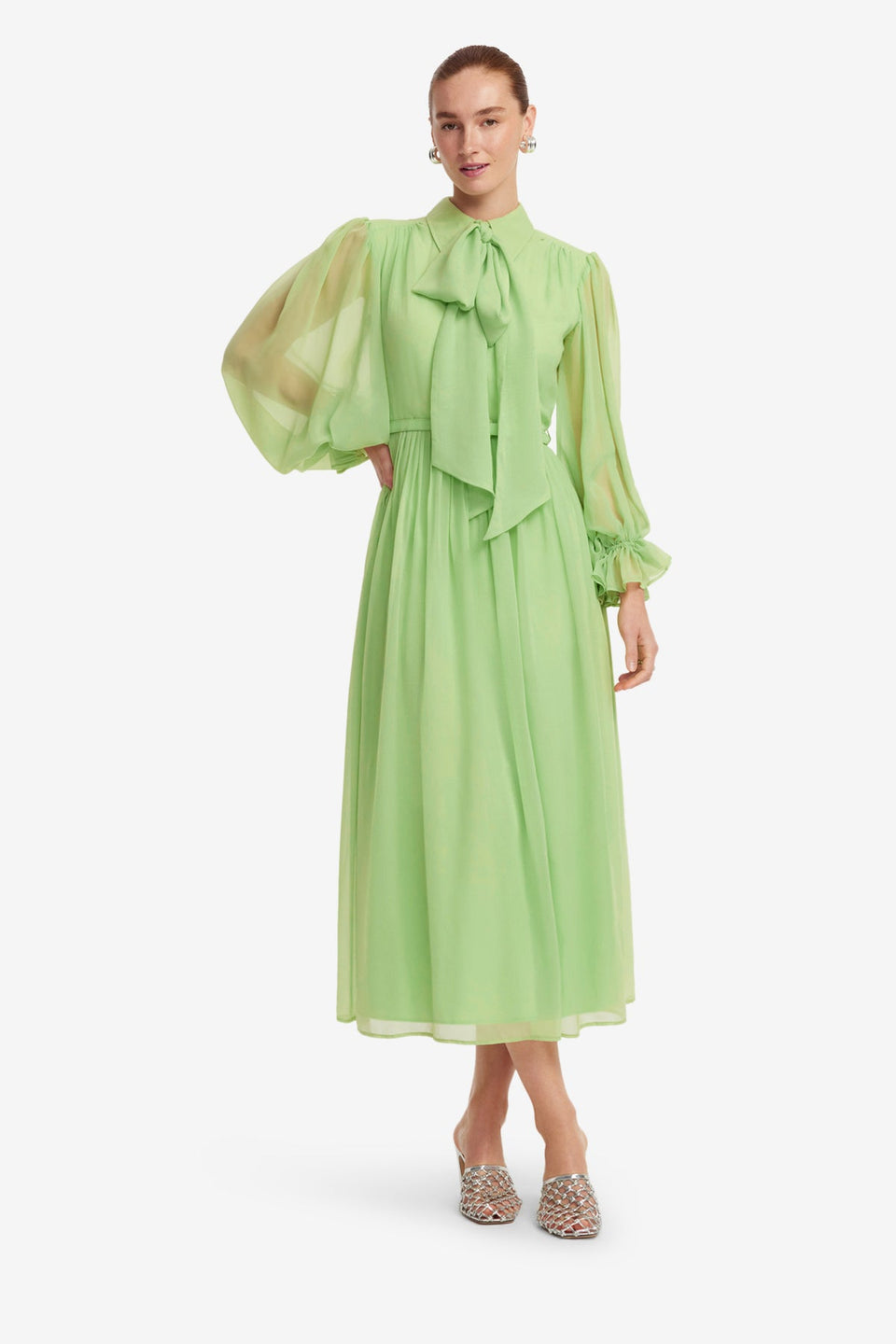 Exclusive LEO LIN Cassie Tie Neck Midi Dress - Juniper Green