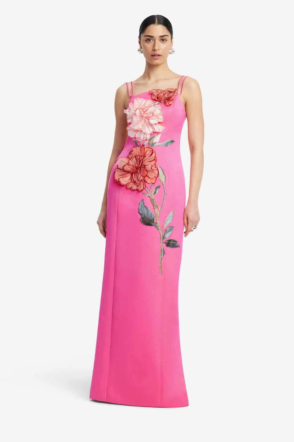 Exclusive LEO LIN Arianna Appliqué Floral Maxi Dress - Peony Print in Fuchsia