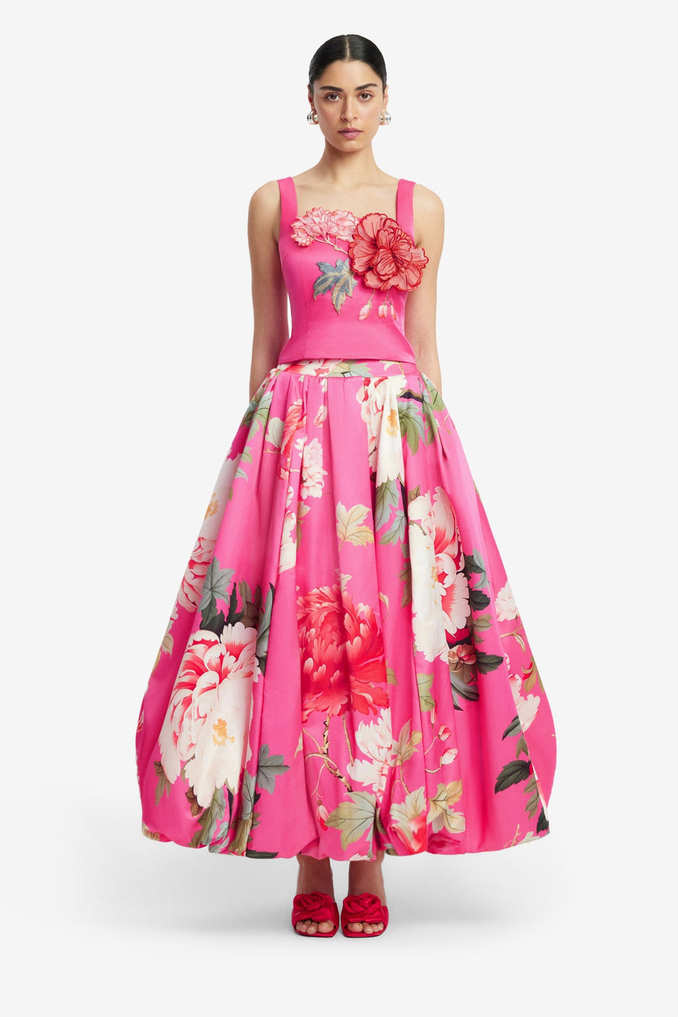 Exclusive LEO LIN Victoria Puff Maxi Skirt - Peony Print in Fuchsia