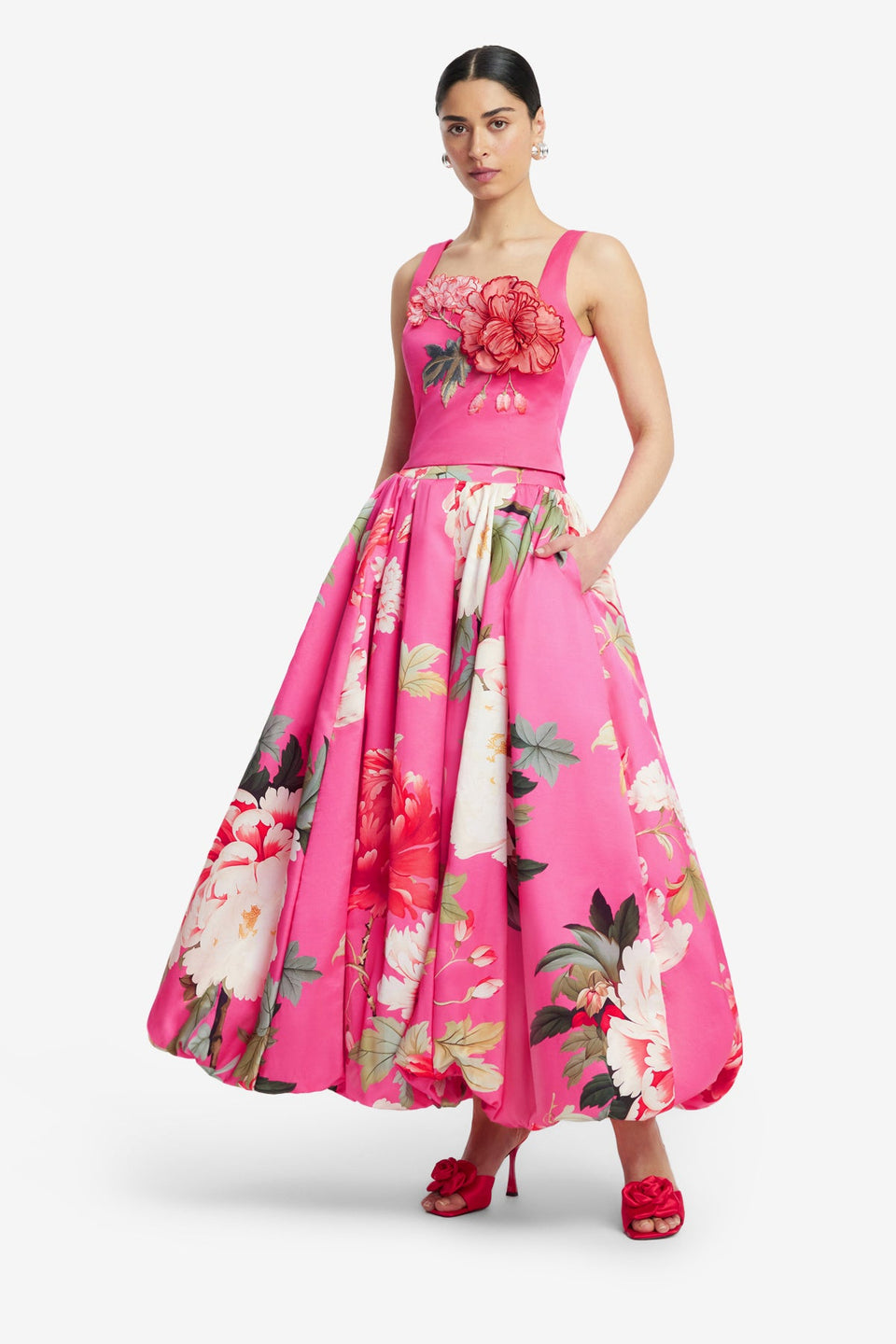 Exclusive LEO LIN Victoria Puff Maxi Skirt - Peony Print in Fuchsia