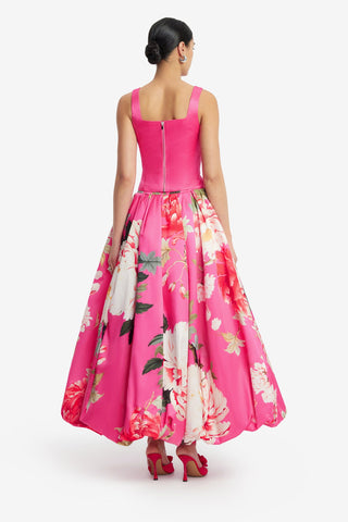 Exclusive LEO LIN Victoria Puff Maxi Skirt - Peony Print in Fuchsia