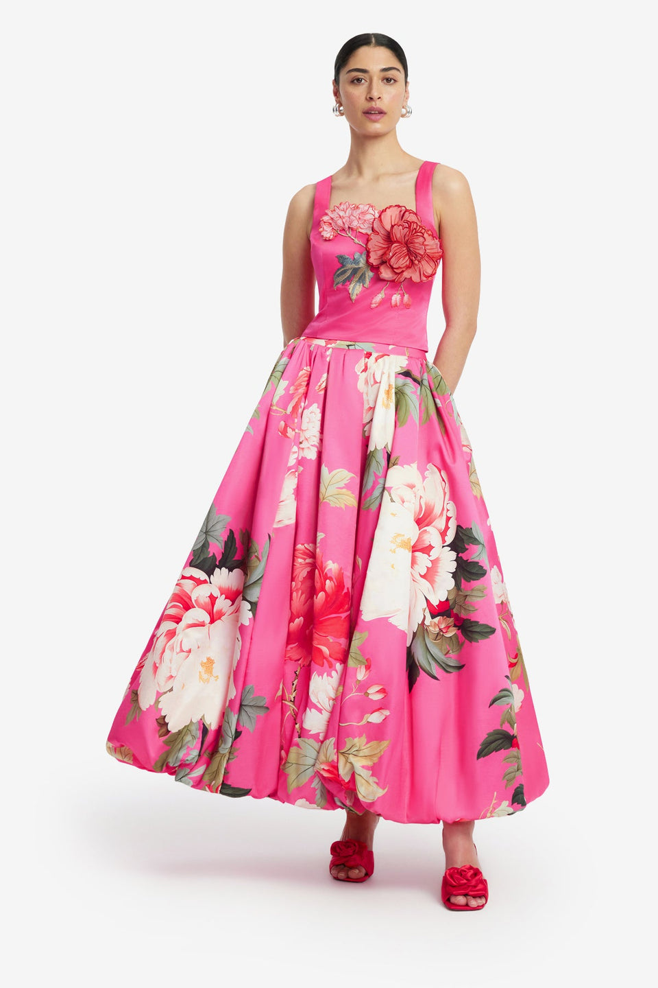 Exclusive LEO LIN Victoria Puff Maxi Skirt - Peony Print in Fuchsia
