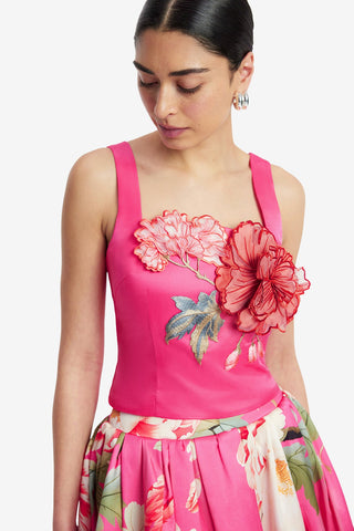 Exclusive LEO LIN Isadora Applique Top - Peony Print in Fuchsia