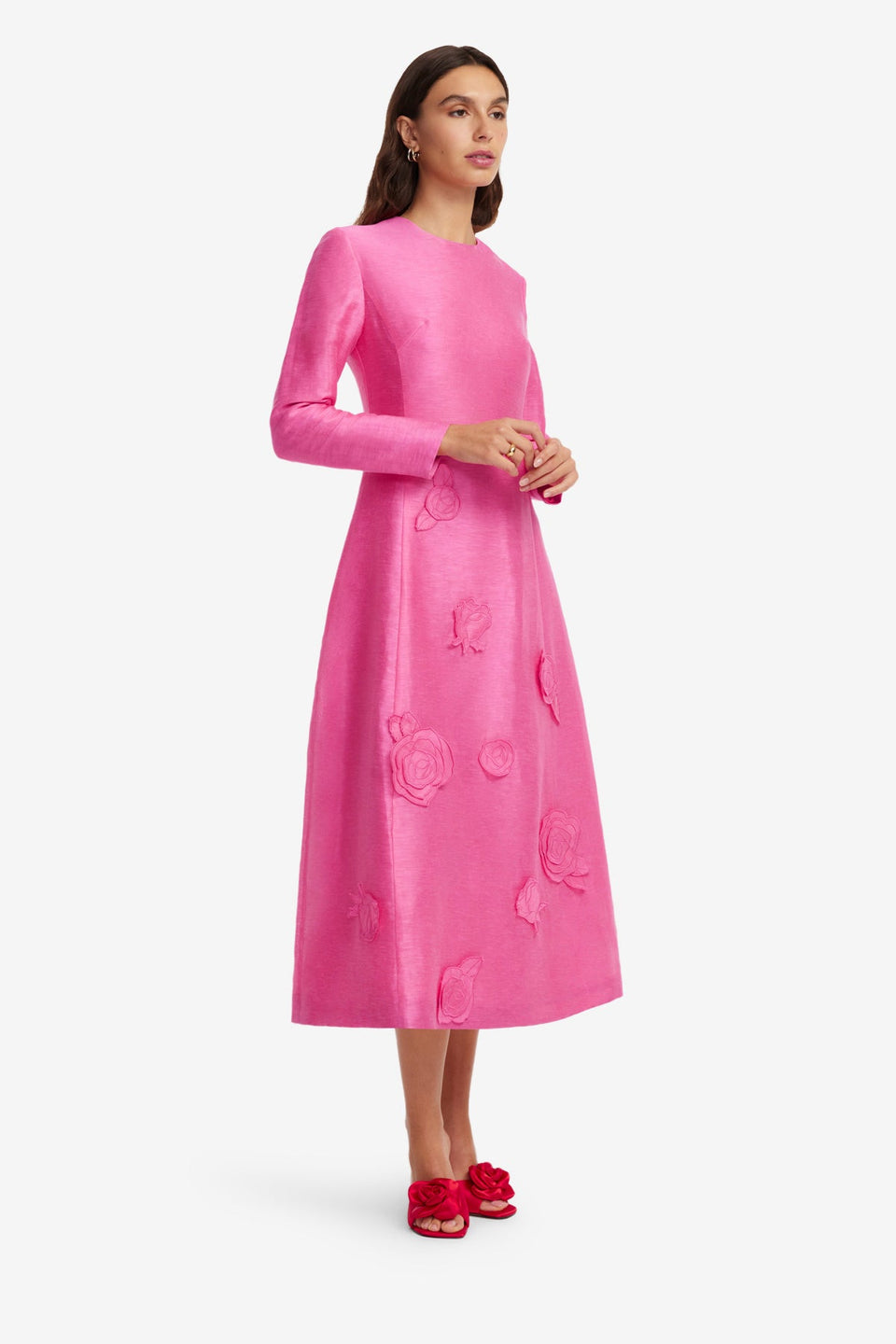 Exclusive LEO LIN Amira Long Sleeve Petal Midi Dress - Fuchsia