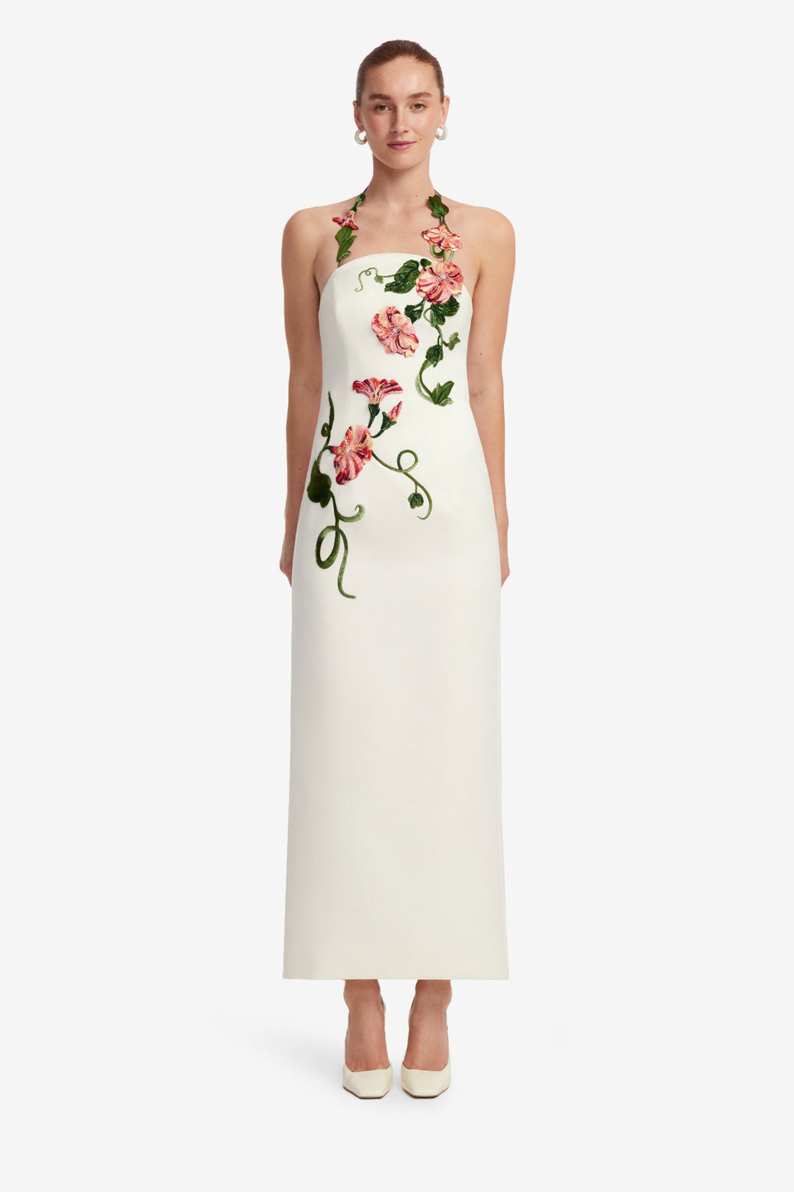 Ava Halterneck Appliqu Floral Bustier Maxi Dress - Vine Print in Snow Ava Halterneck Appliqu Floral Bustier Maxi Dress - Vine Print in Snow