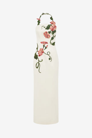 Exclusive LEO LIN Ava Halterneck Appliqué Floral Bustier Maxi Dress - Vine Print in Snow