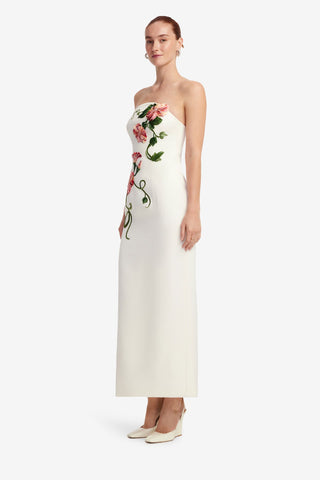 Exclusive LEO LIN Ava Halterneck Appliqué Floral Bustier Maxi Dress - Vine Print in Snow