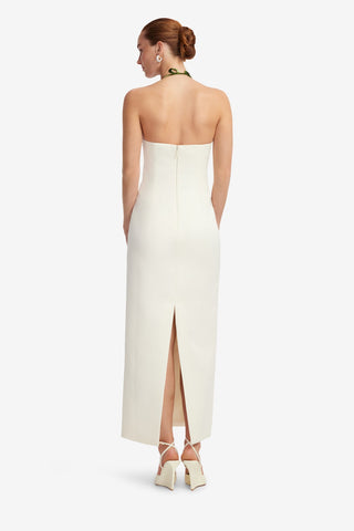 Exclusive LEO LIN Ava Halterneck Appliqué Floral Bustier Maxi Dress - Vine Print in Snow