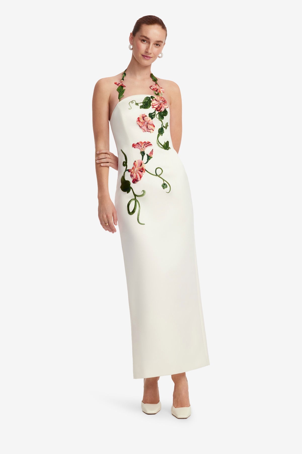 Ava Halterneck Appliqué Floral Bustier Maxi Dress - Vine Print in
