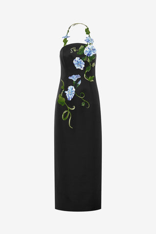 Ava Halterneck Appliqu Floral Bustier Maxi Dress - Vine Print in Ebon LEO LIN Ava Halterneck Appliqu Floral Bustier Maxi Dress - Vine Print in Ebon LEO LIN