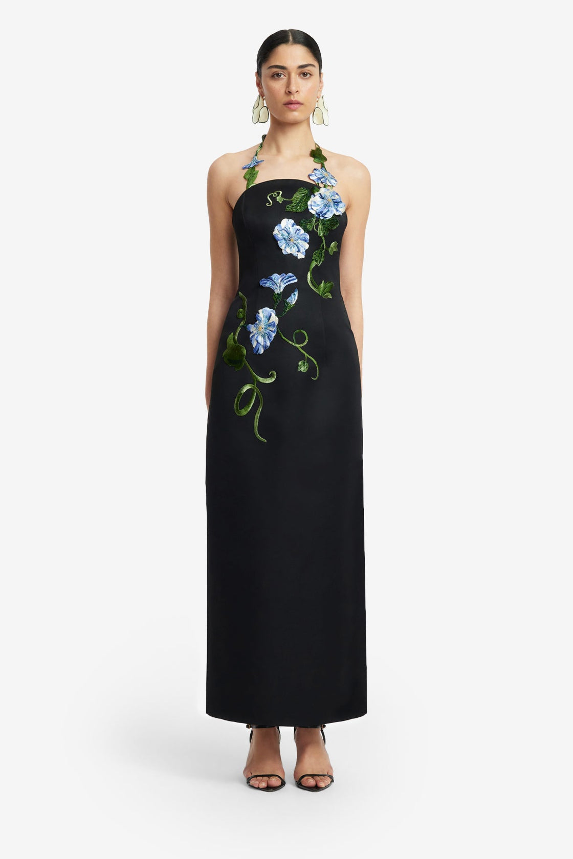 Exclusive LEO LIN Ava Halterneck Applique Floral Bustier Maxi Dress - Vine Print in Ebony