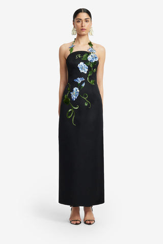 Exclusive LEO LIN Ava Halterneck Applique Floral Bustier Maxi Dress - Vine Print in Ebony