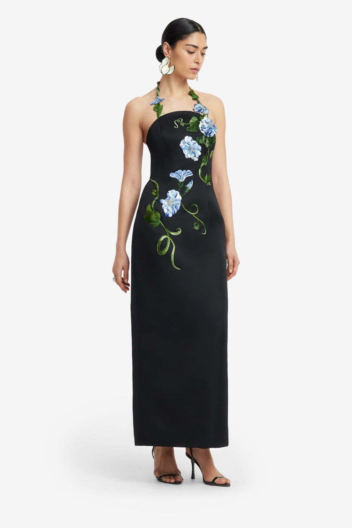 Ava Halterneck Appliqu Floral Bustier Maxi Dress - Vine Print in Ebon LEO LIN Ava Halterneck Appliqu Floral Bustier Maxi Dress - Vine Print in Ebon LEO LIN
