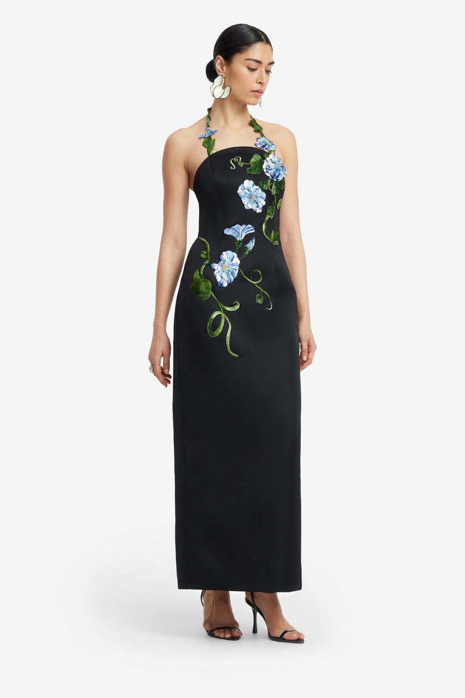 Exclusive LEO LIN Ava Halterneck Applique Floral Bustier Maxi Dress - Vine Print in Ebony