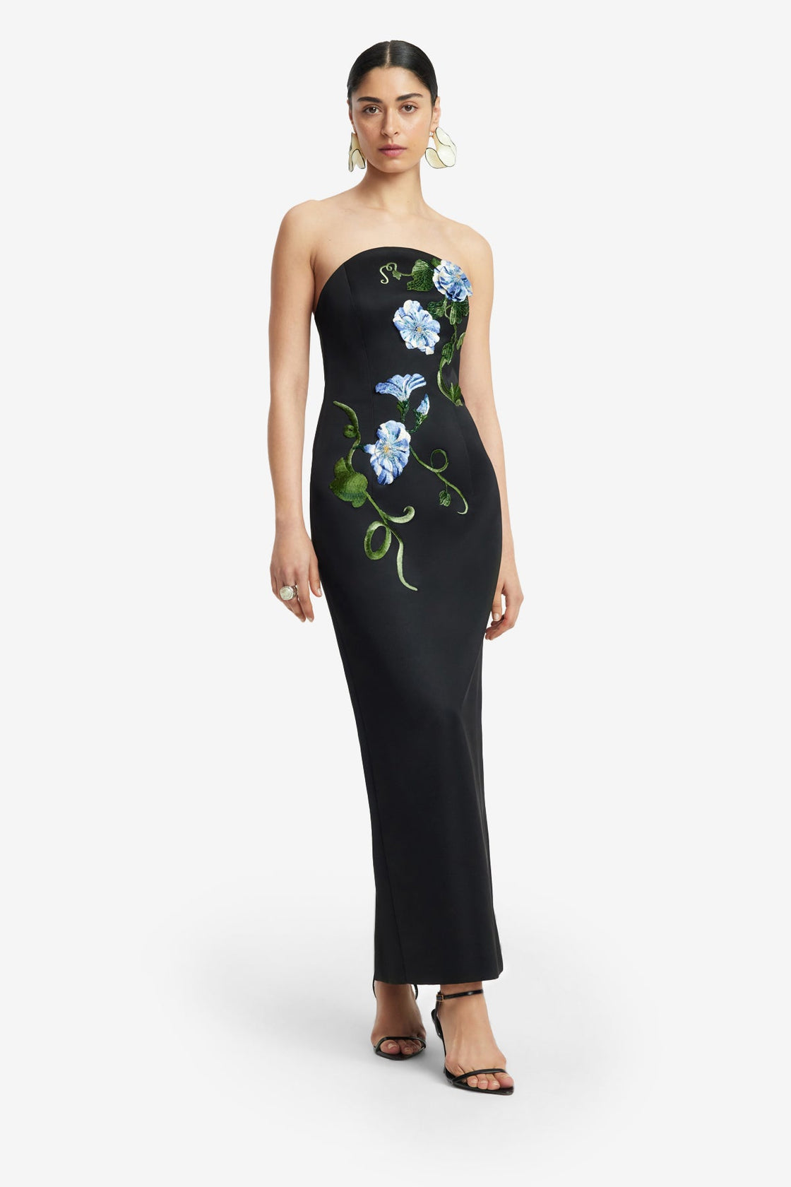 Exclusive LEO LIN Ava Halterneck Applique Floral Bustier Maxi Dress - Vine Print in Ebony