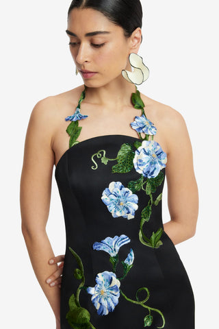 Exclusive LEO LIN Ava Halterneck Applique Floral Bustier Maxi Dress - Vine Print in Ebony