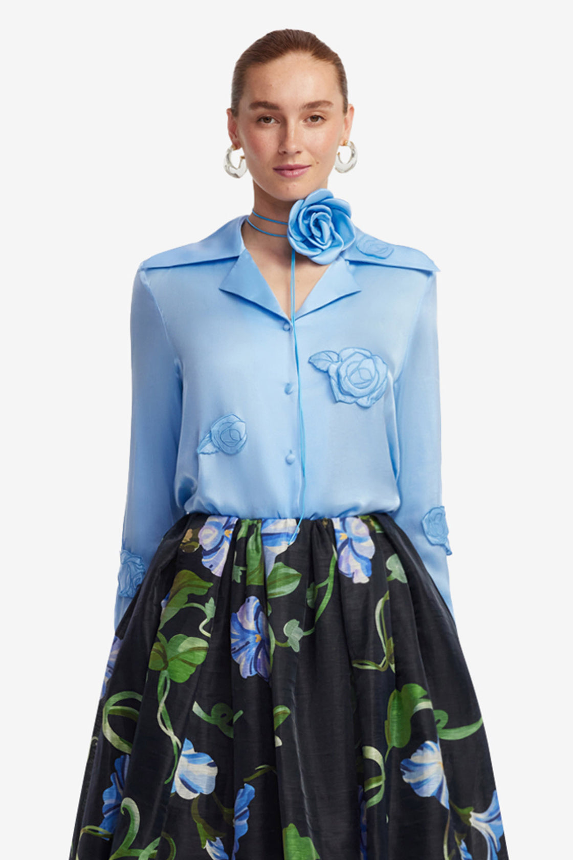 Exclusive LEO LIN Kristina Applique Silk Blouse - Pastel Blue