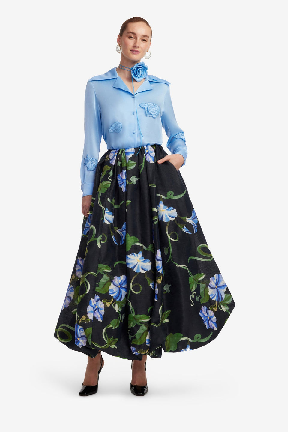 Exclusive LEO LIN Victoria Puff Maxi Skirt - Vine Print in Ebony