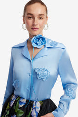 Kristina Appliqué Silk Blouse - Pastel Blue Blouse/Shirts