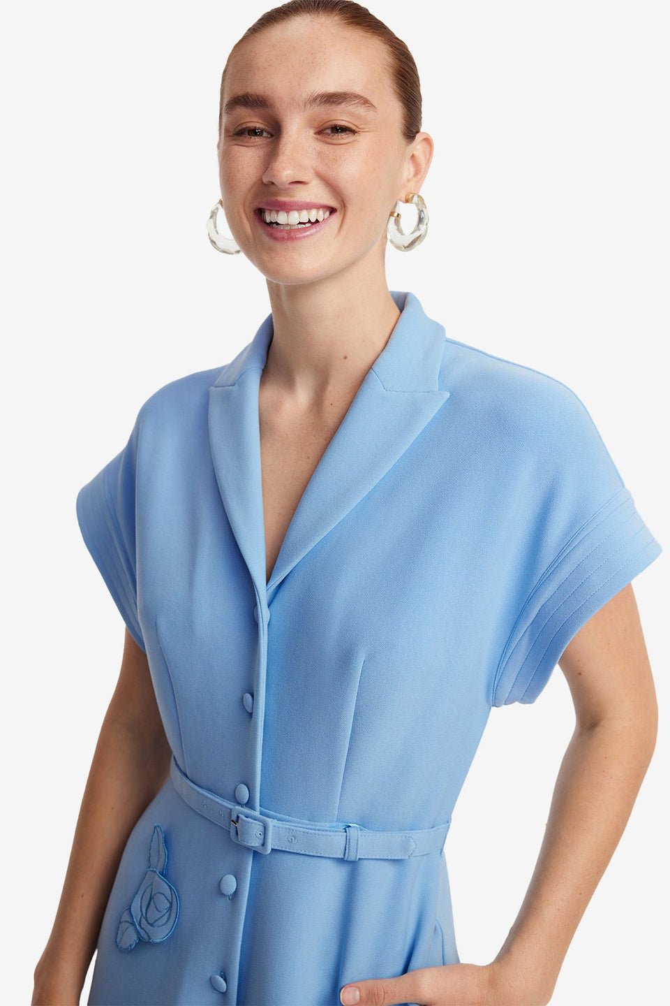 Exclusive LEO LIN Aubrey Applique Shirt Midi Dress - Pastel Blue