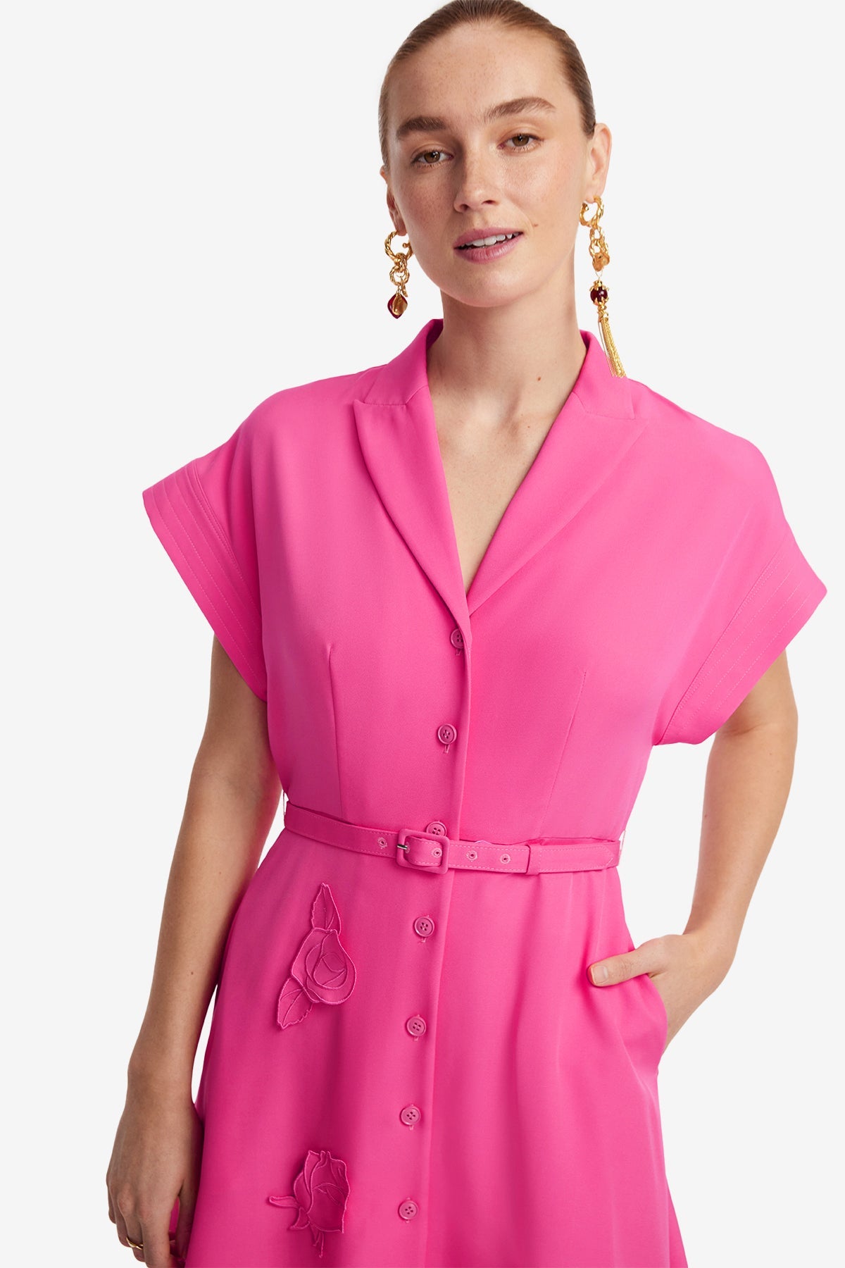 Aubrey Appliqué Shirt Midi Dress - Fuchsia – LEO LIN
