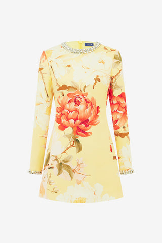 Aliza Embellished Long Sleeve Mini Dress - Peony Print in Yellow LEO LIN Aliza Embellished Long Sleeve Mini Dress - Peony Print in Yellow LEO LIN