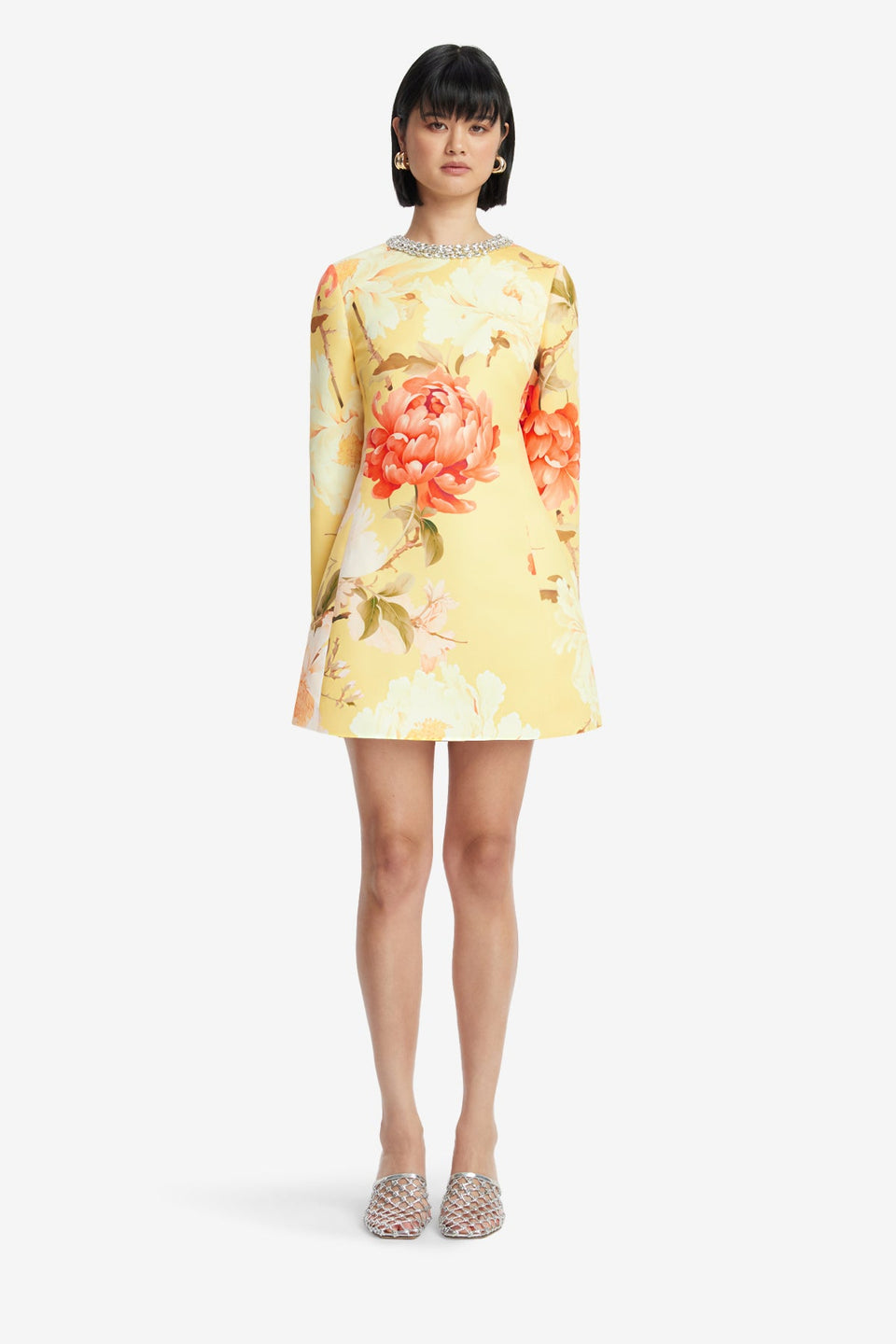 Exclusive LEO LIN Aliza Embellished Long Sleeve Mini Dress - Peony Print in Yellow