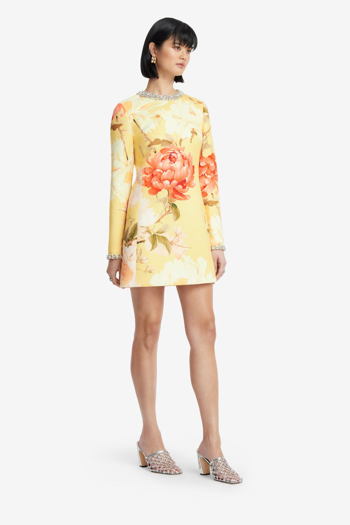 Aliza Embellished Long Sleeve Mini Dress - Peony Print in Yellow Dress Mini