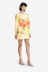 Aliza Embellished Long Sleeve Mini Dress - Peony Print in Yellow Dress Mini