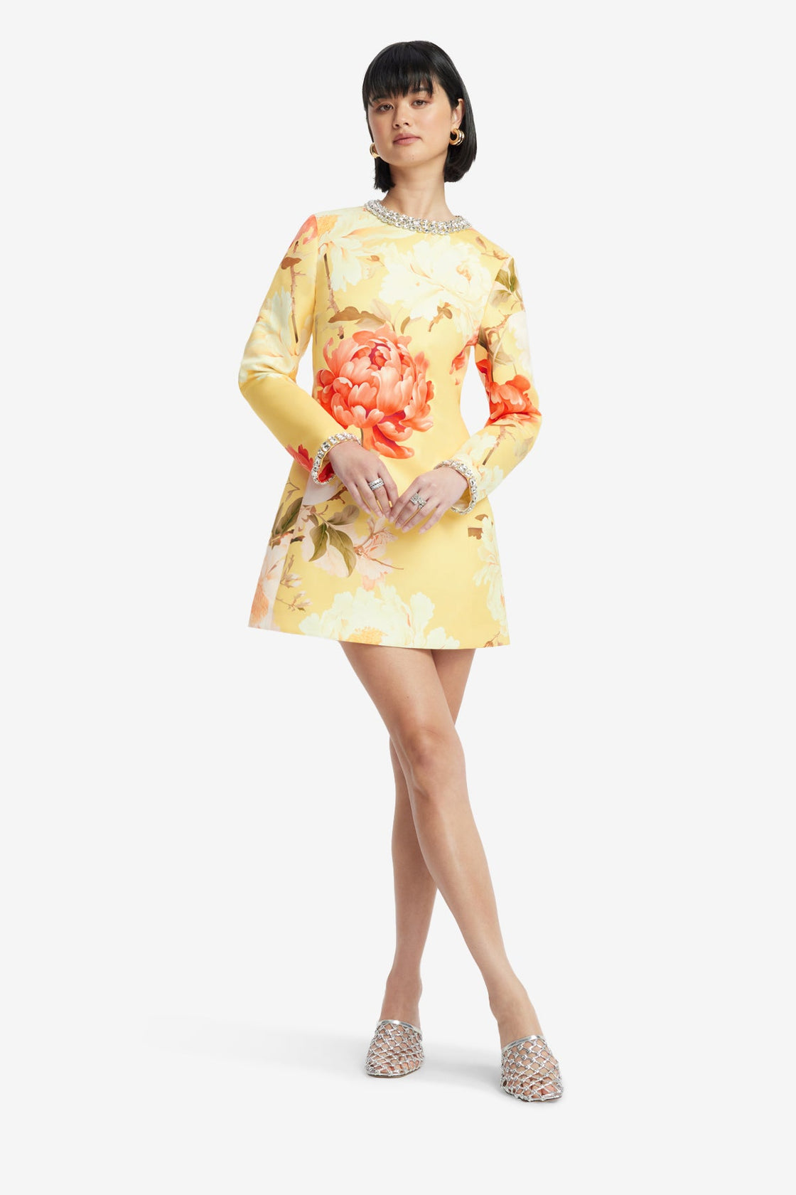 Aliza Embellished Long Sleeve Mini Dress - Peony Print in Yellow Dress Mini