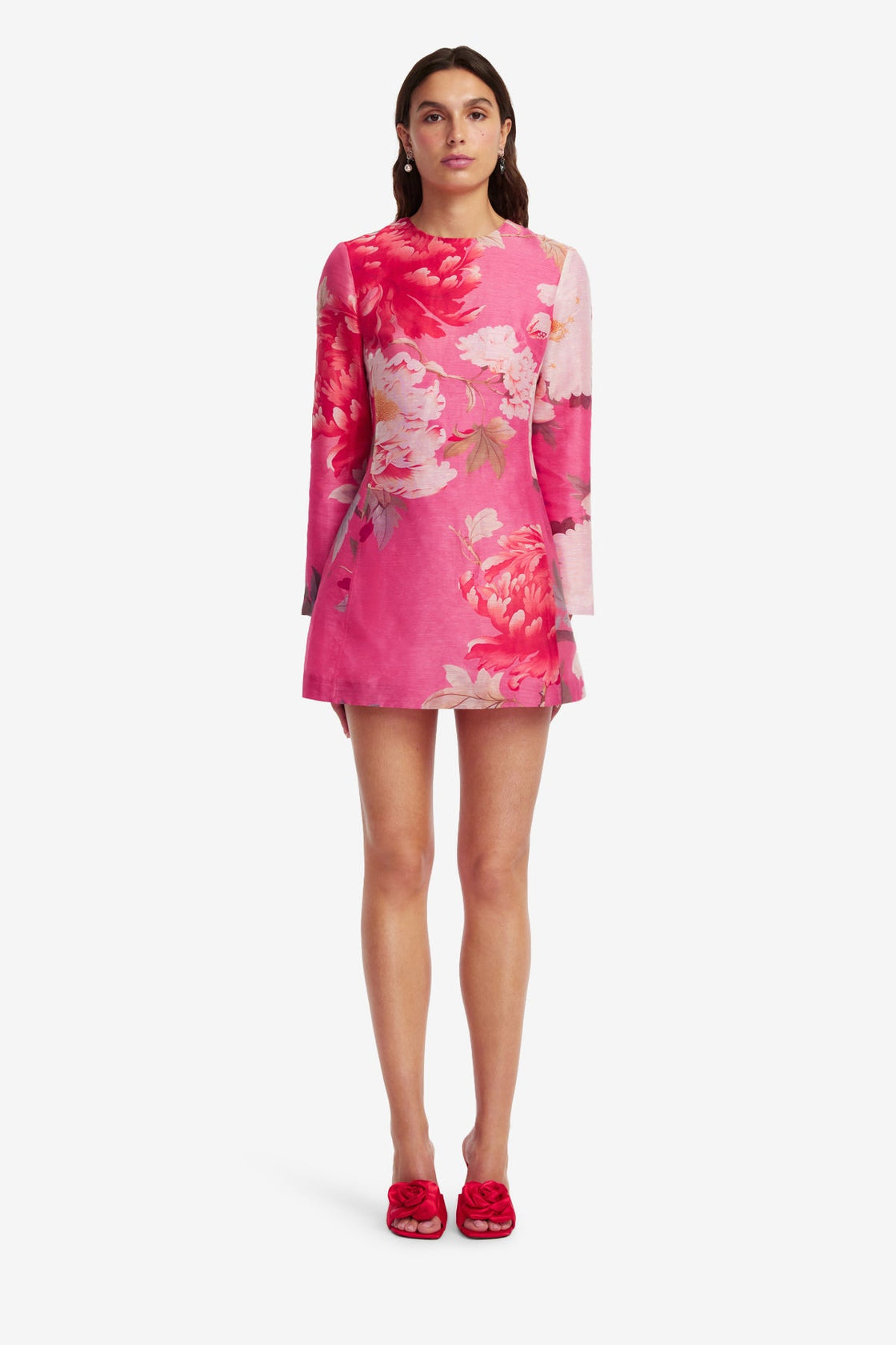 LEO LIN Aliza Long Sleeve Mini Dress in Peony Print in Fuchsia - size Aus 6/US 2 LEO LIN Aliza Long Sleeve Mini Dress in Peony Print in Fuchsia - size Aus 6/US 2