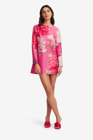 Aliza Long Sleeve Mini Dress - Peony Print in Fuchsia Dress Mini