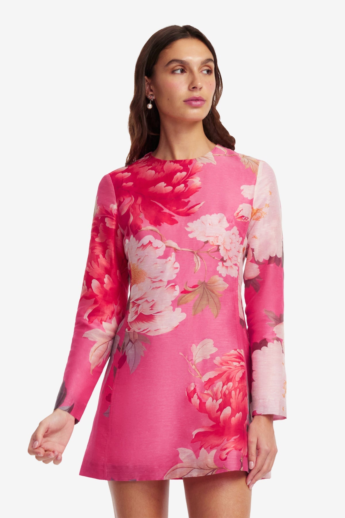 Aliza Long Sleeve Mini Dress - Peony Print in Fuchsia – LEO LIN