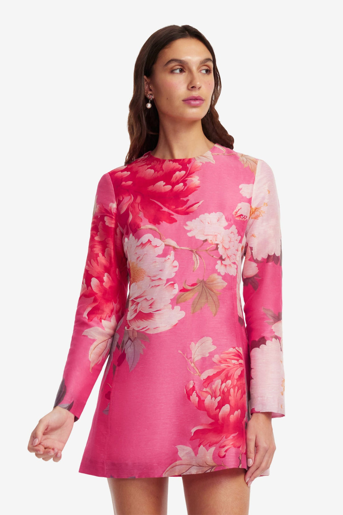 LEO LIN Aliza Long Sleeve Mini Dress in Peony Print in Fuchsia - size Aus 6/US 2