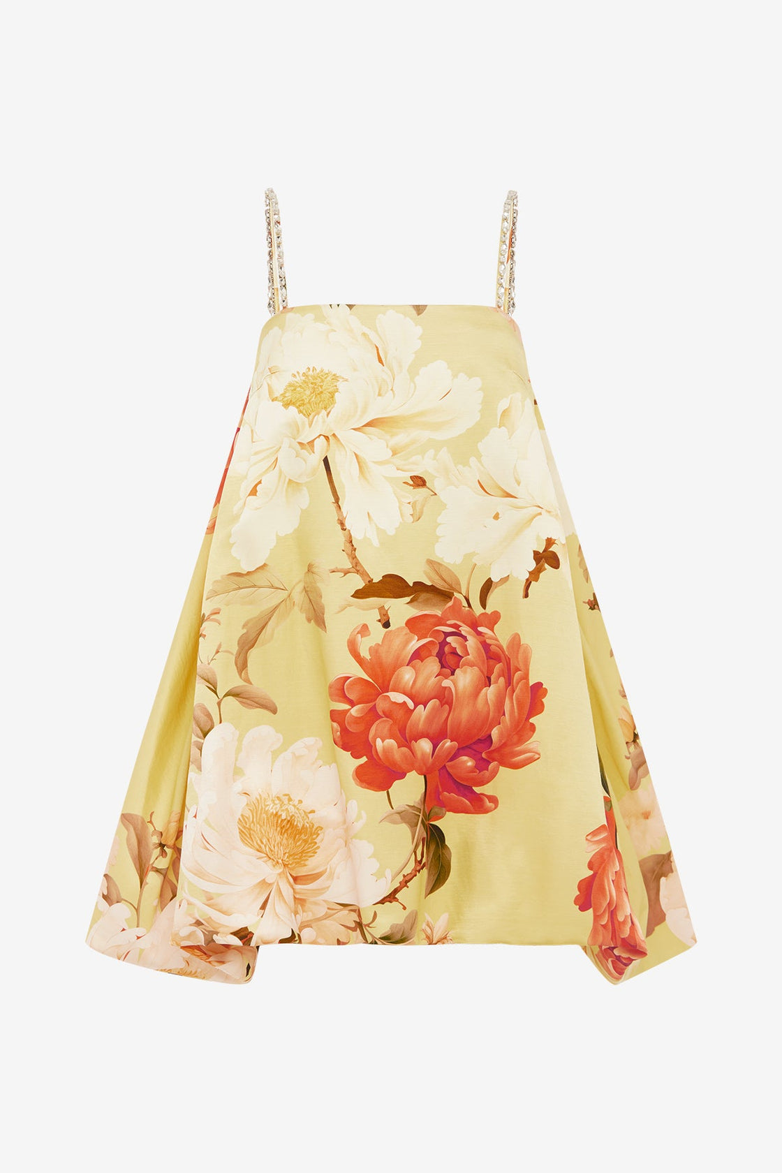 Patsy Embellished Puff Mini Dress - Peony Print in Yellow Dress Mini